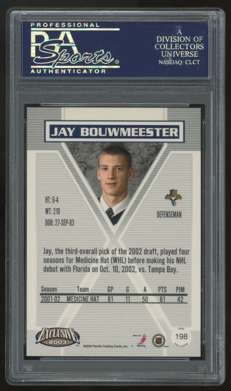 2002-03 Pacific Exclusive Jay Bouwmeester RC Auto /1000 #198 PSA 9