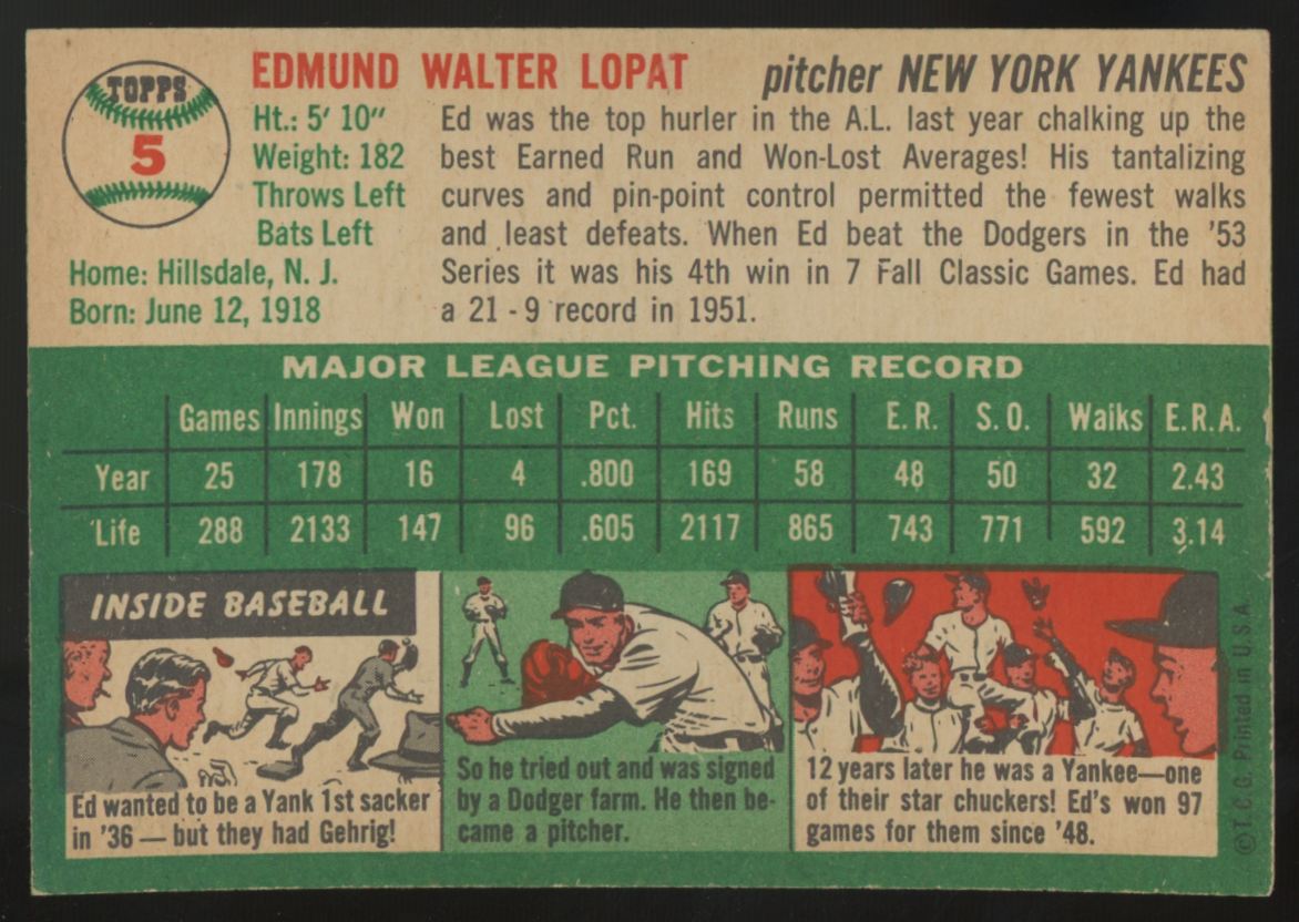 1954 Topps Ed Lopat #5 NM