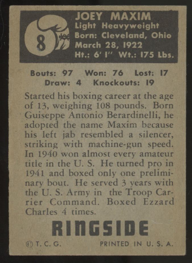 1951 Topps Ringside Joey Maxim #8 VG-VG/EX
