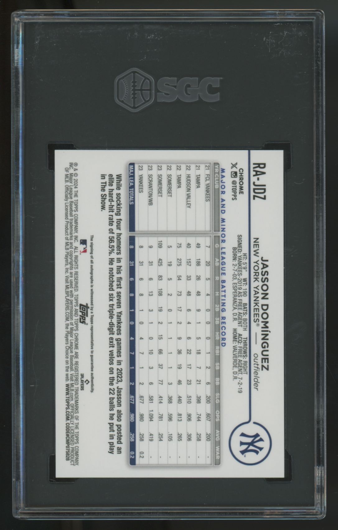 2024 Topps Chrome Jasson Dominguez RC Auto #RA-JDZ SGC 10