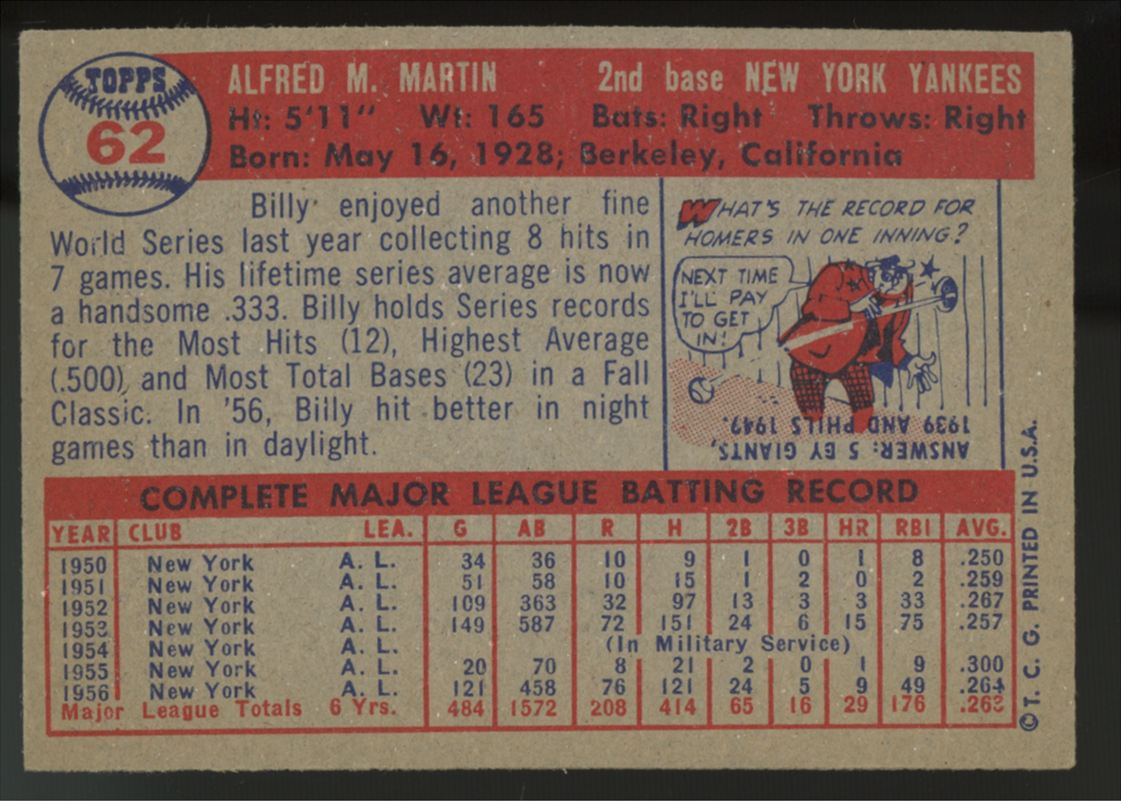 1957 Topps Billy Martin #62 VG-EX