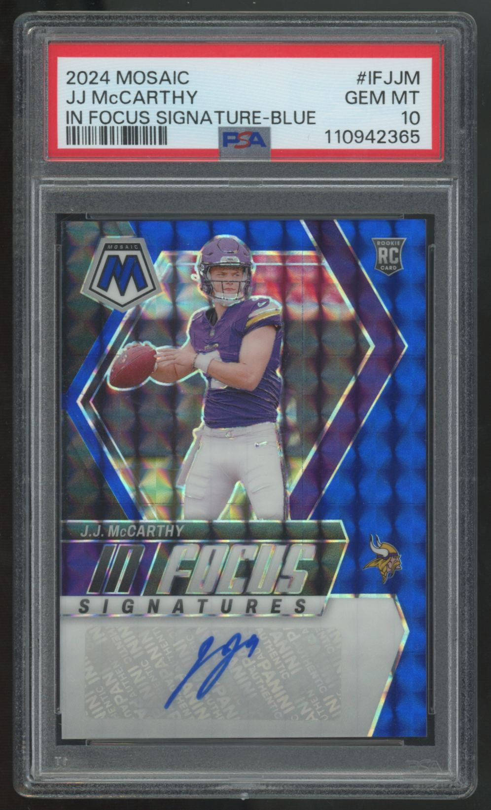 2024 Panini Mosaic J.J. McCarthy RC Blue In Focus Auto /99 #IF-JJM PSA 10