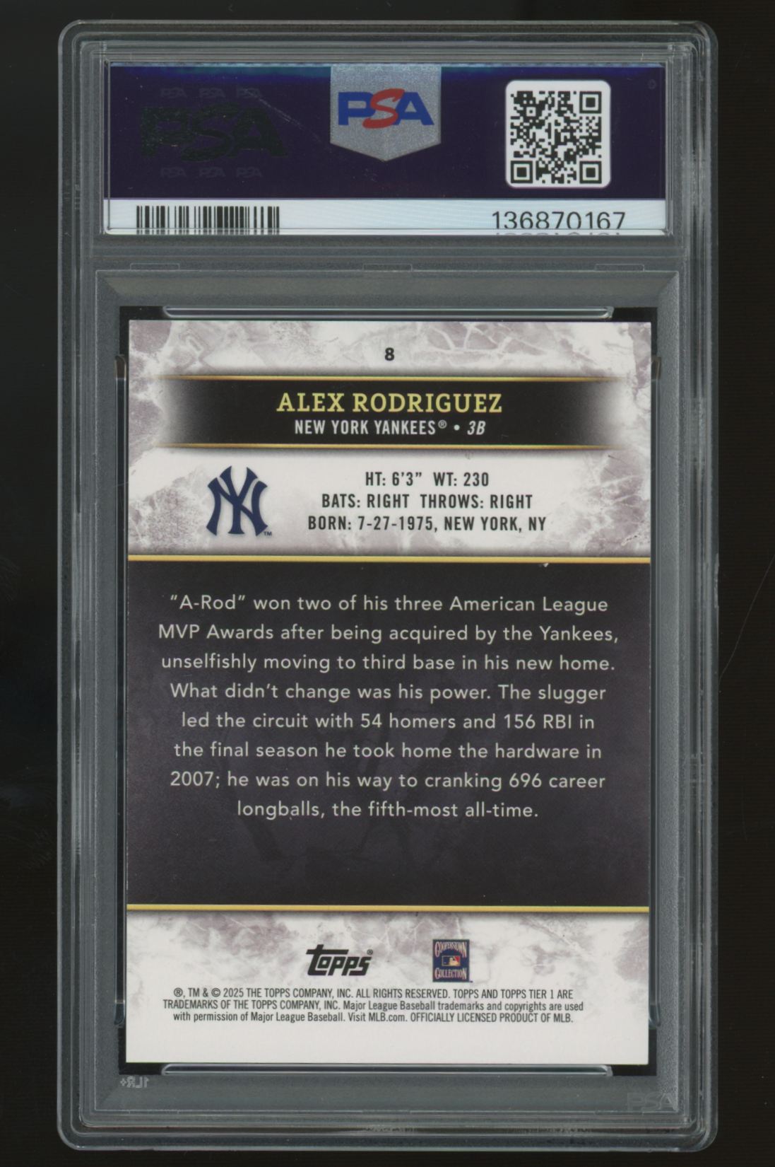2025 Topps Tier One Alex Rodriguez Green Foil /30 #8 PSA 9