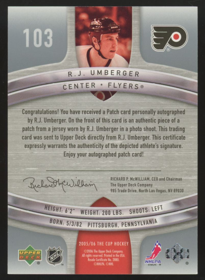 2005-06 Upper Deck The Cup R.J. Umberger RC Patch Auto RPA /199 #103