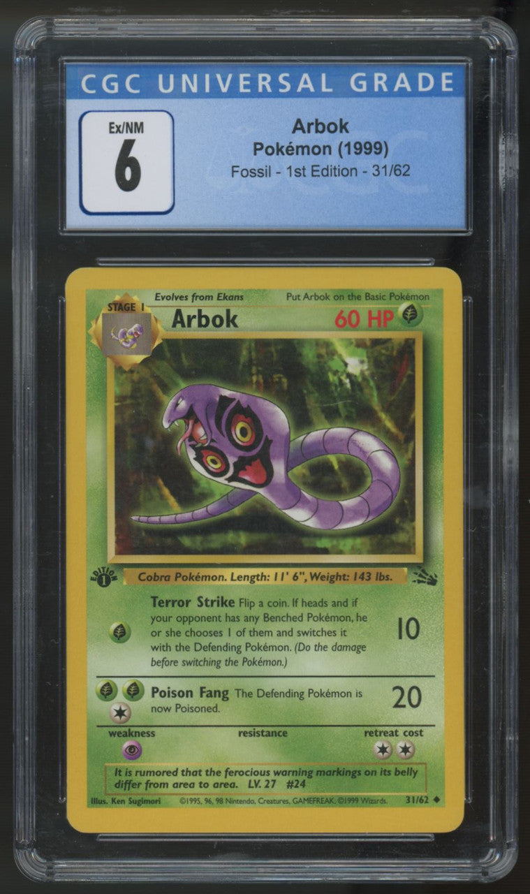 1999 Pokemon Arbok 1st Edition Fossil #31 CGC 6