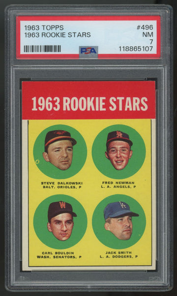 1963 Topps Dalkowski/Newman/Bouldin/Smith RC Rookie Stars #496 PSA 7 *107