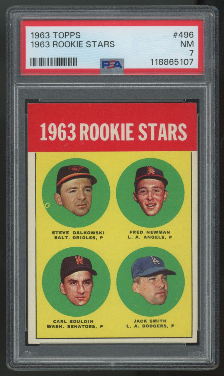 1963 Topps Dalkowski/Newman/Bouldin/Smith RC Rookie Stars #496 PSA 7 *107