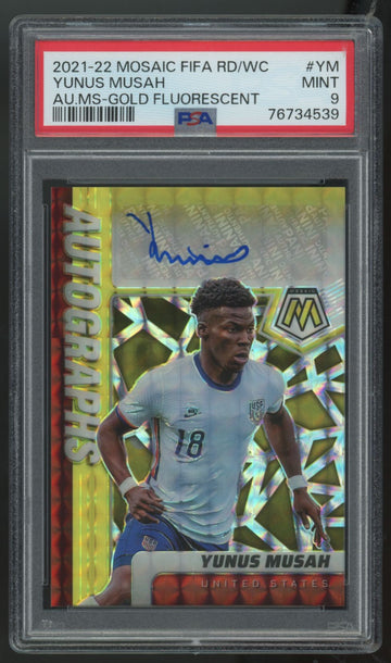 2021-22 Mosaic FIFA World Cup Yunus Musah Gold Fluorescent Auto /10 PSA 9