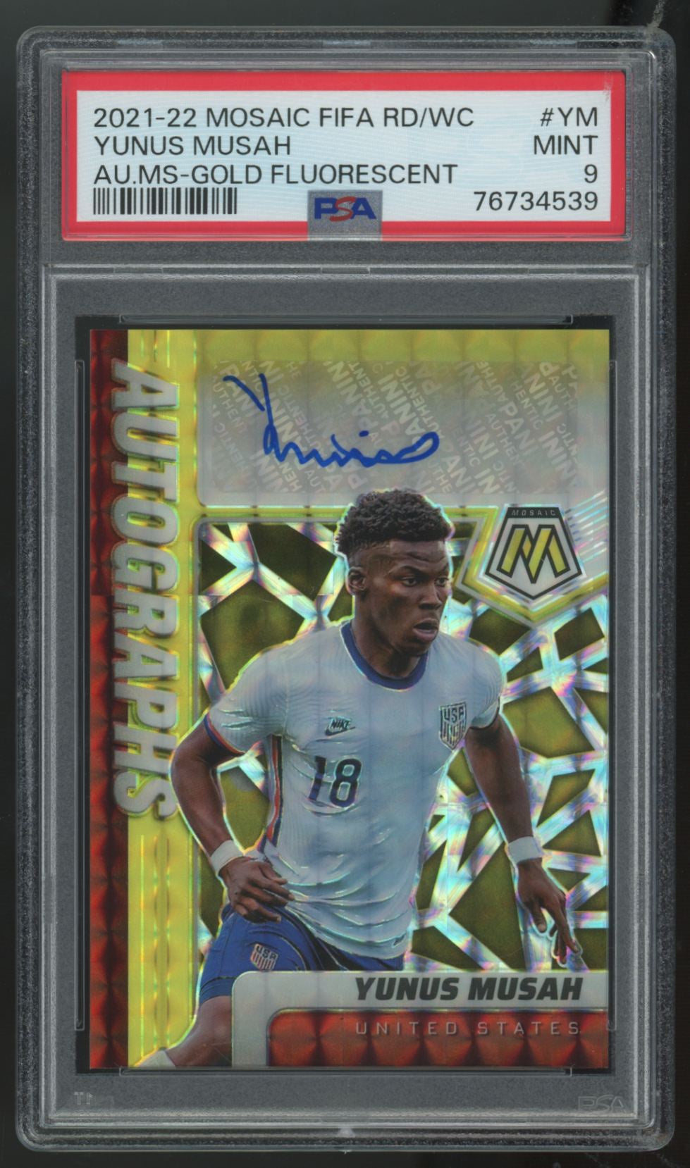 2021-22 Mosaic FIFA World Cup Yunus Musah Gold Fluorescent Auto /10 PSA 9