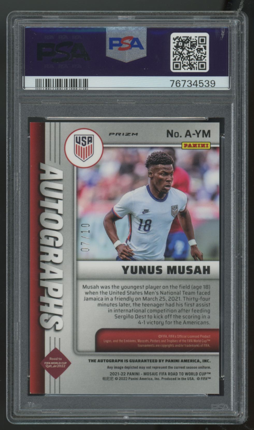 2021-22 Mosaic FIFA World Cup Yunus Musah Gold Fluorescent Auto /10 PSA 9