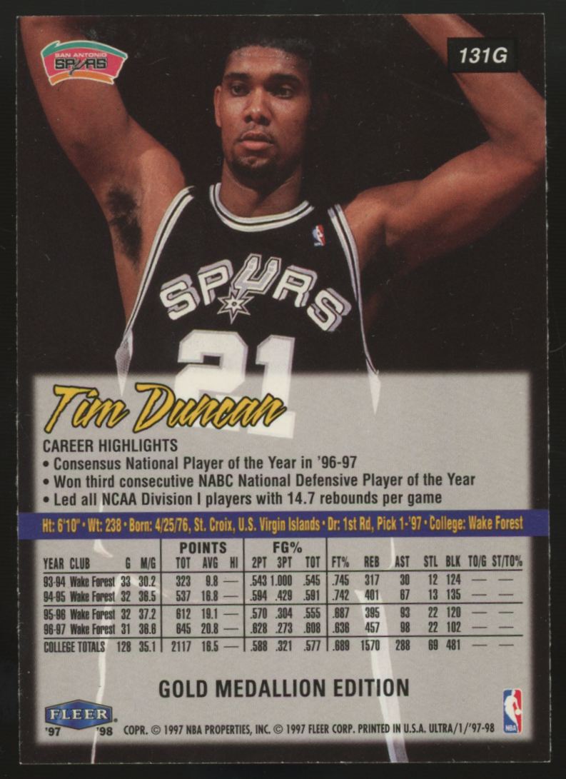 1997-98 Fleer Ultra Tim Duncan RC Gold Medallion Edition #131G