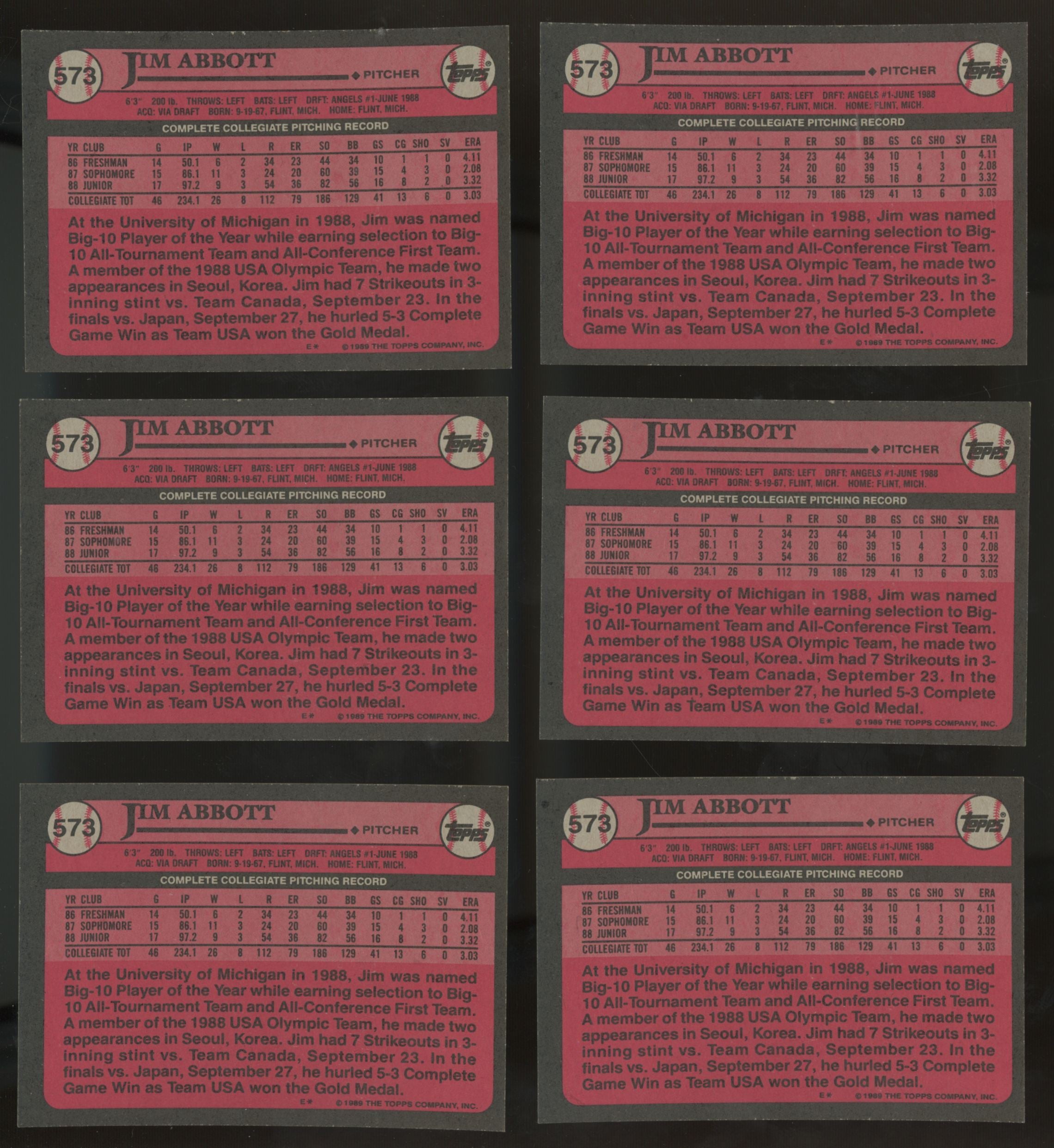 1989 Topps Jim Abbott RC #1 Draft Pick #573 (Lot Of 50)