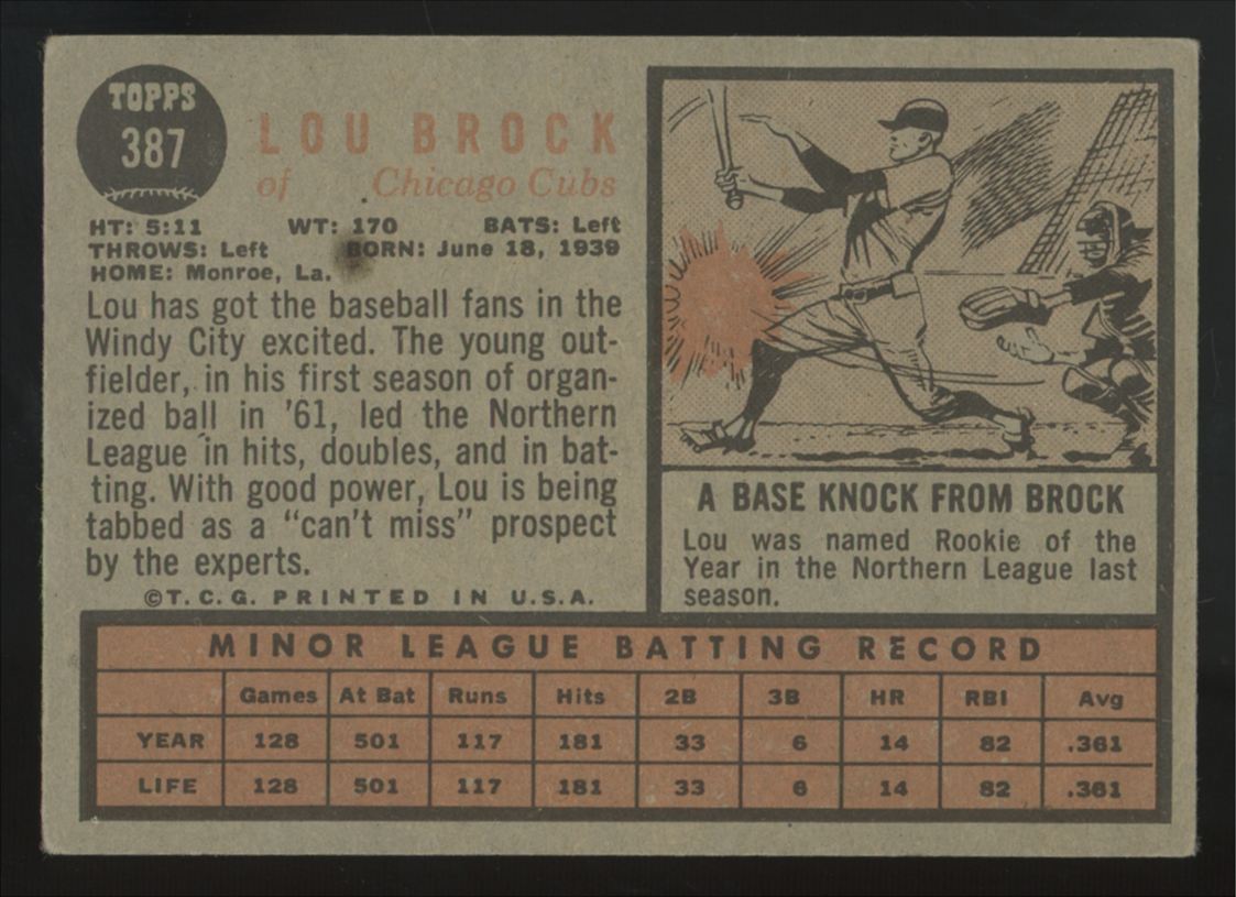 1962 Topps Lou Brock RC #387 VG