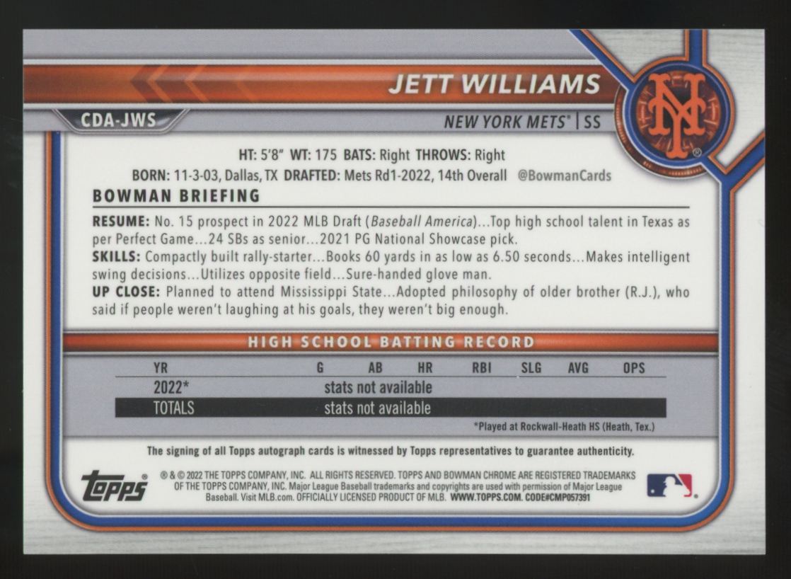 2022 Bowman Draft Jett Williams 1st Chrome Aqua Lava Auto /199 #CDA-JWS