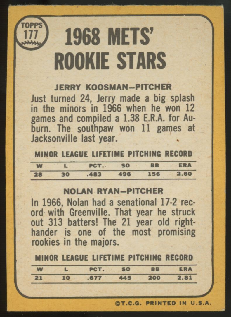 1968 Topps Nolan Ryan RC Rookie Stars #177 VG/EX