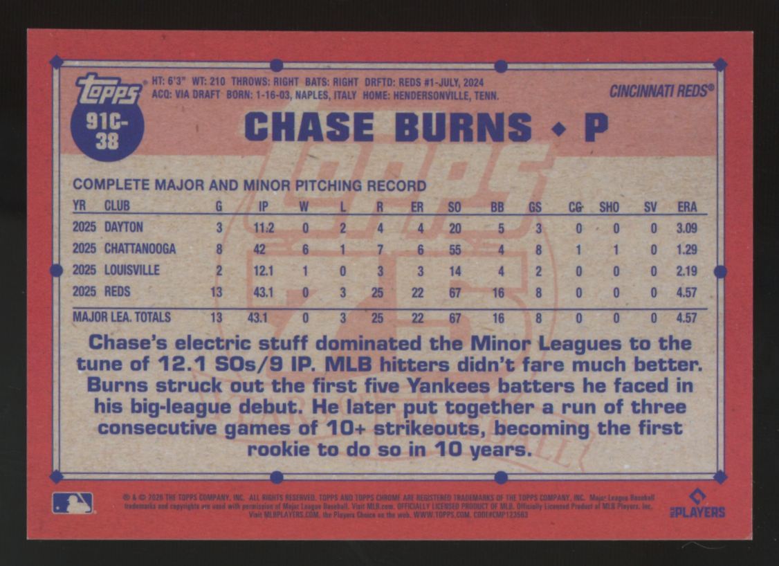2026 Topps Series One Mega Chase Burns RC Chrome 1991 Orange Foil /25 #91C-38