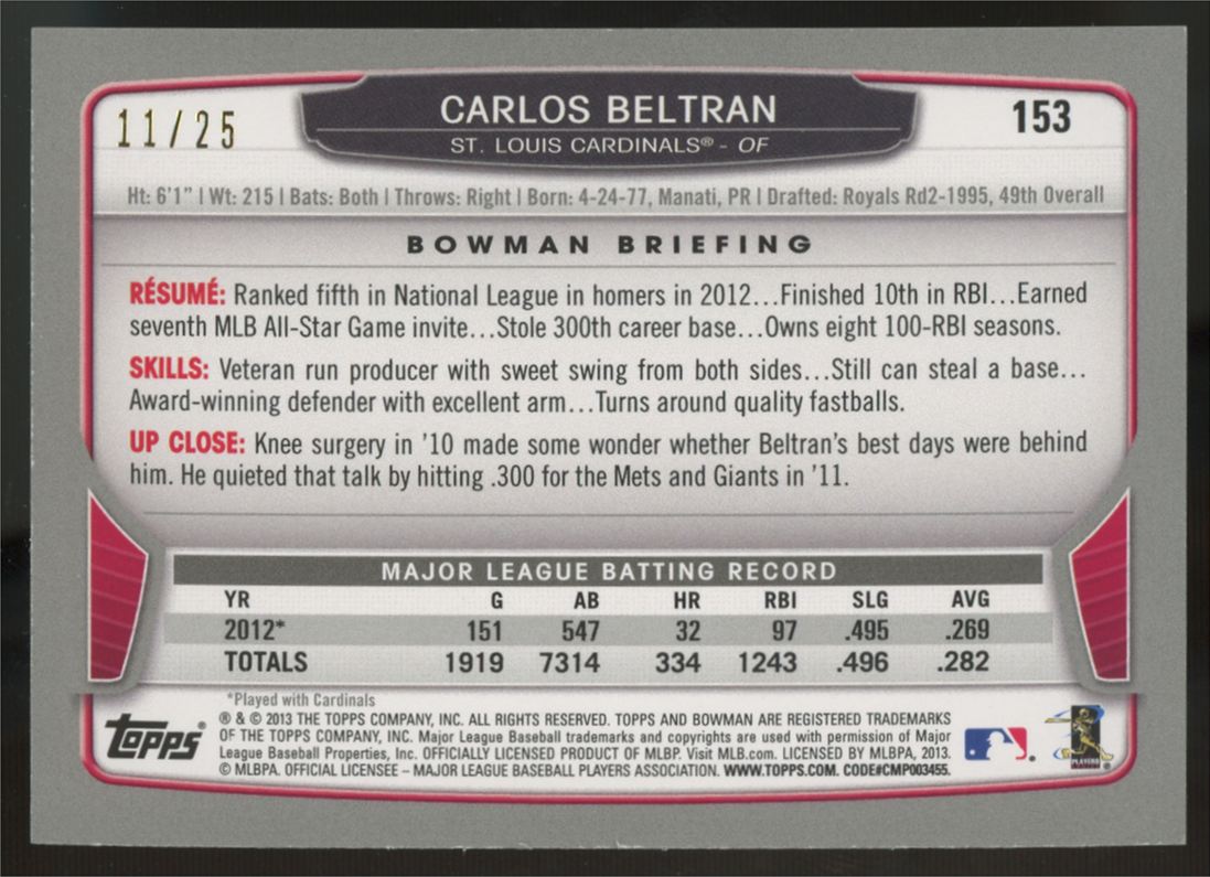 2013 Bowman Carlos Beltran Red Ice /25 #153