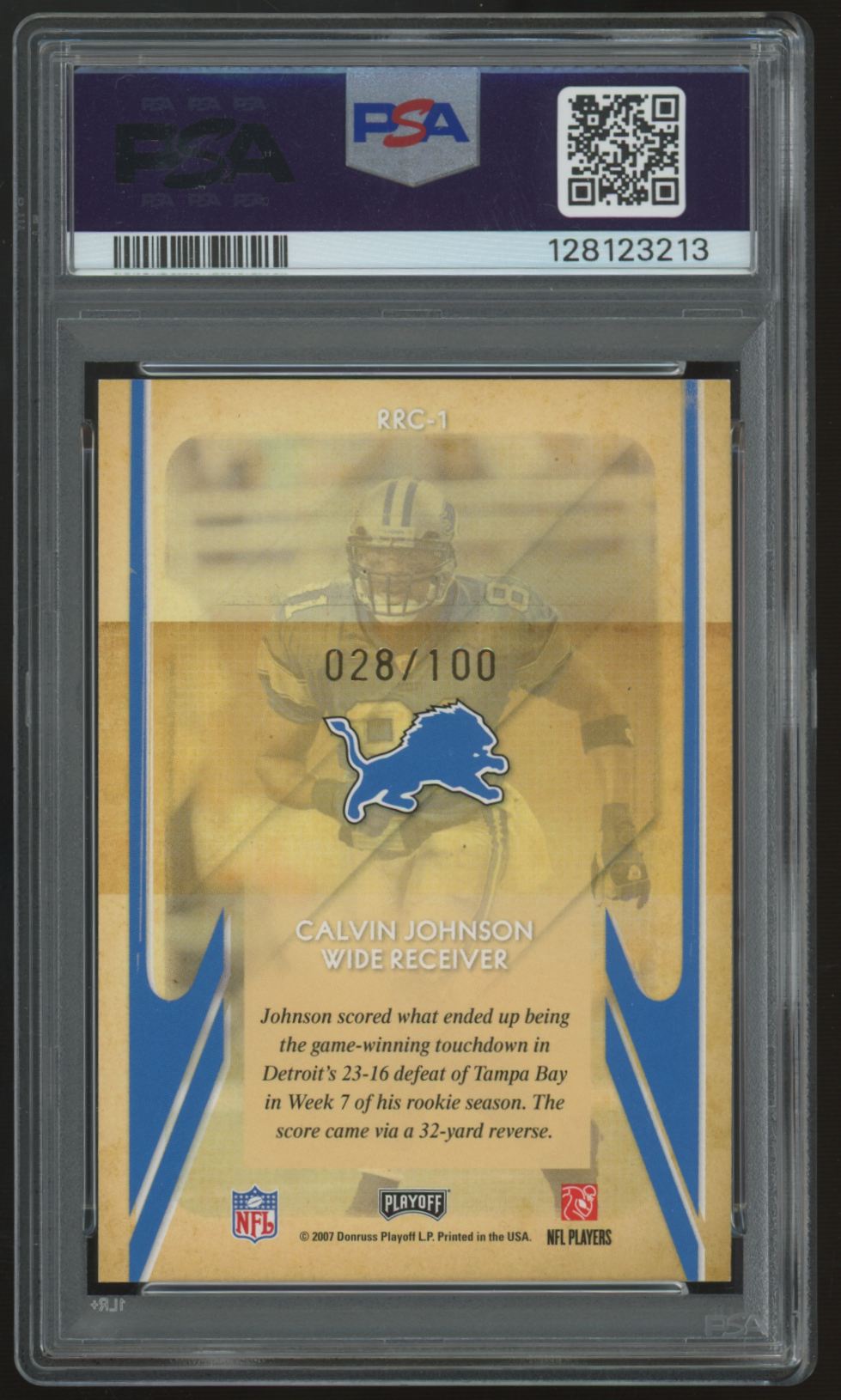 2007 Playoff Contenders Calvin Johnson RC Rookie Roll Call Black /100 PSA 9