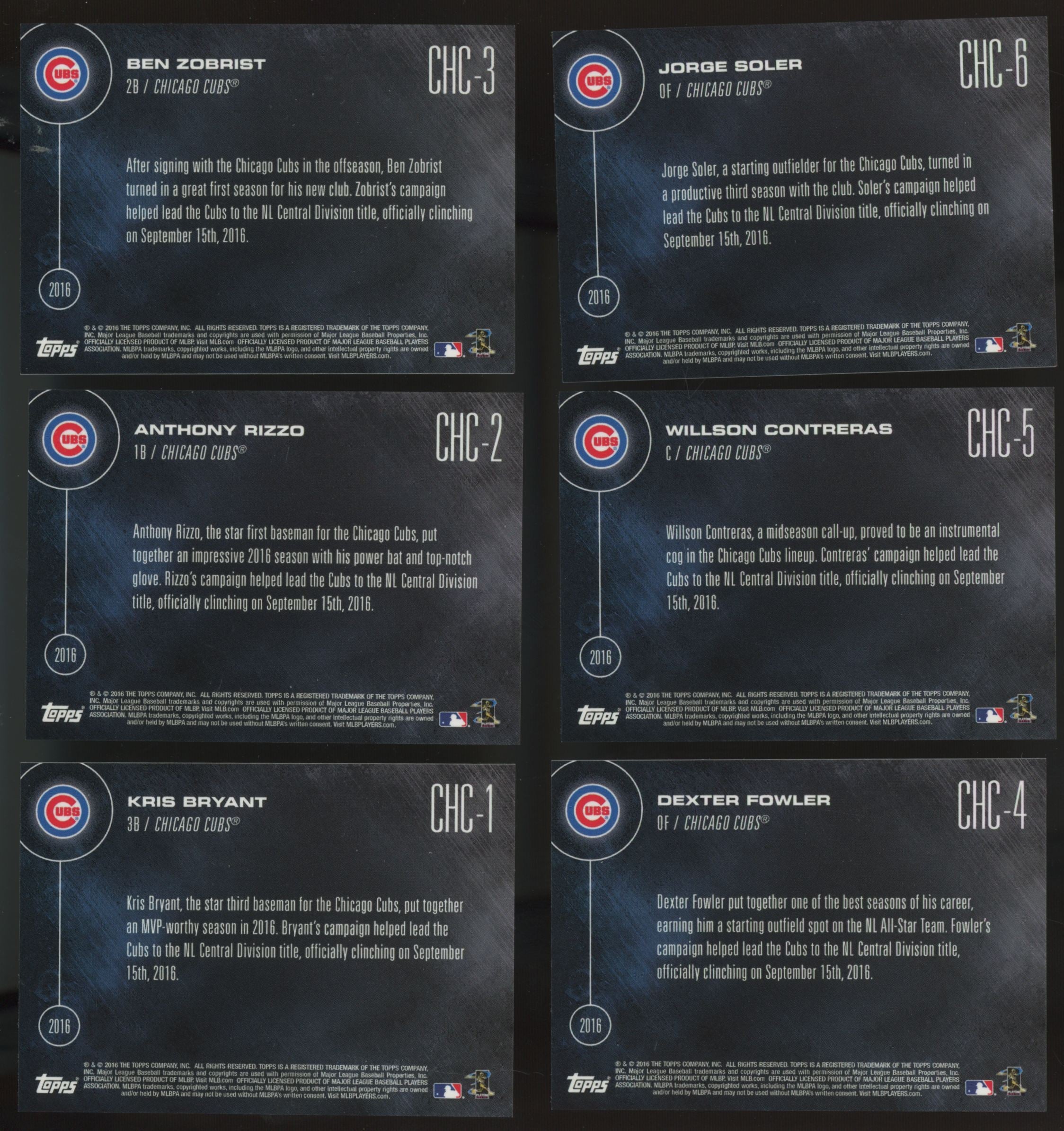 2016 Topps Now Chicago Cubs N.L. Central Champions Complete Set (15/15)