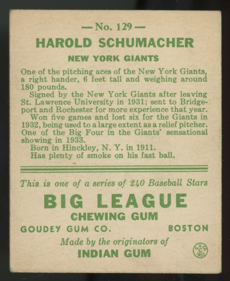 1933 Goudey Harold Schumacher #129 VG/EX