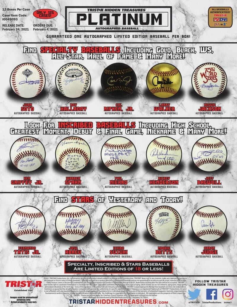 2021 TriStar Hidden Treasures Platinum Autographed Baseball Hobby Box