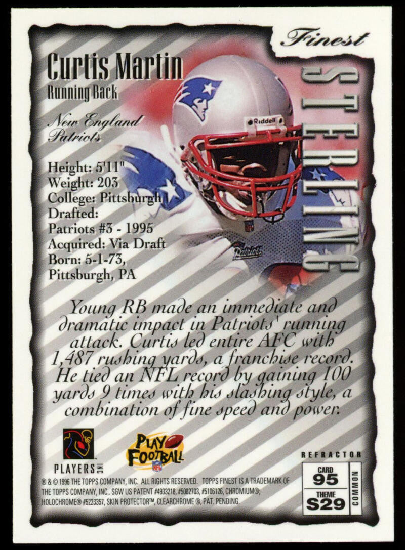 1996 Topps Finest Sterling Curtis Martin Refractor w/ Coating #95