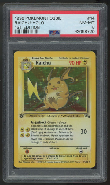 1999 Pokemon Raichu 1st Edition Fossil Holo #14 PSA 8