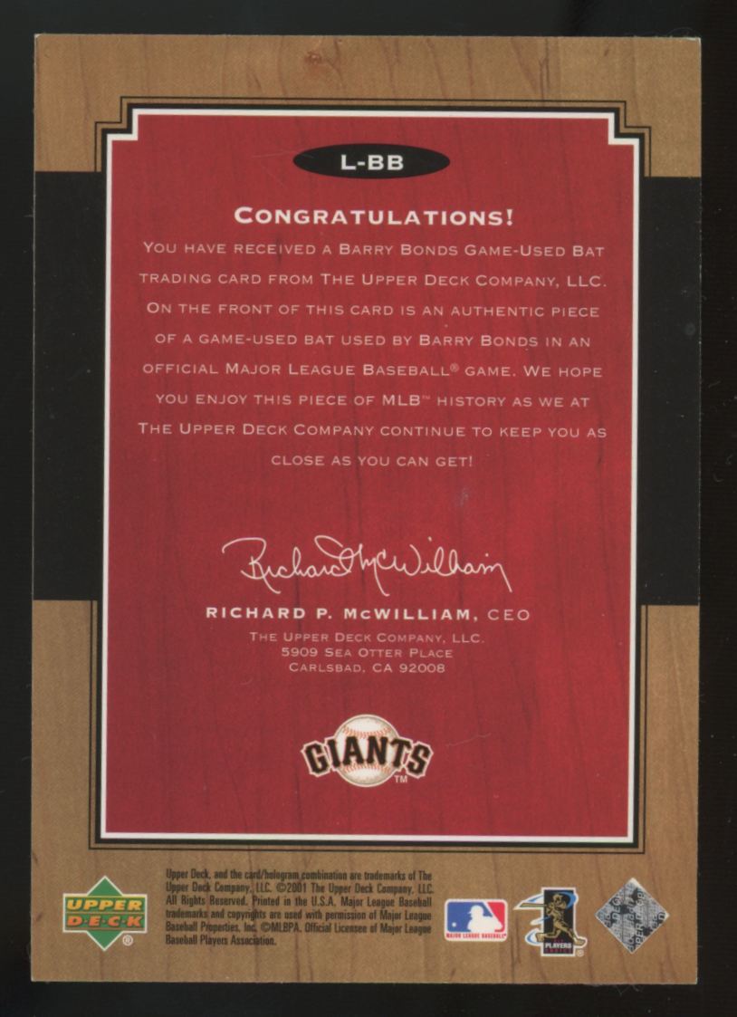 2001 Upper Deck Legends Barry Bonds Legendary Lumber Bat Relic #L-BB