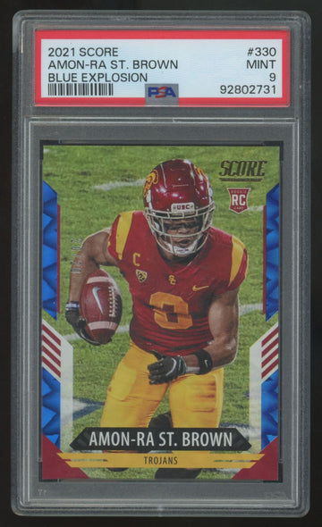 2021 Panini Score Amon-Ra St. Brown RC Blue Explosion /20 #330 PSA 9