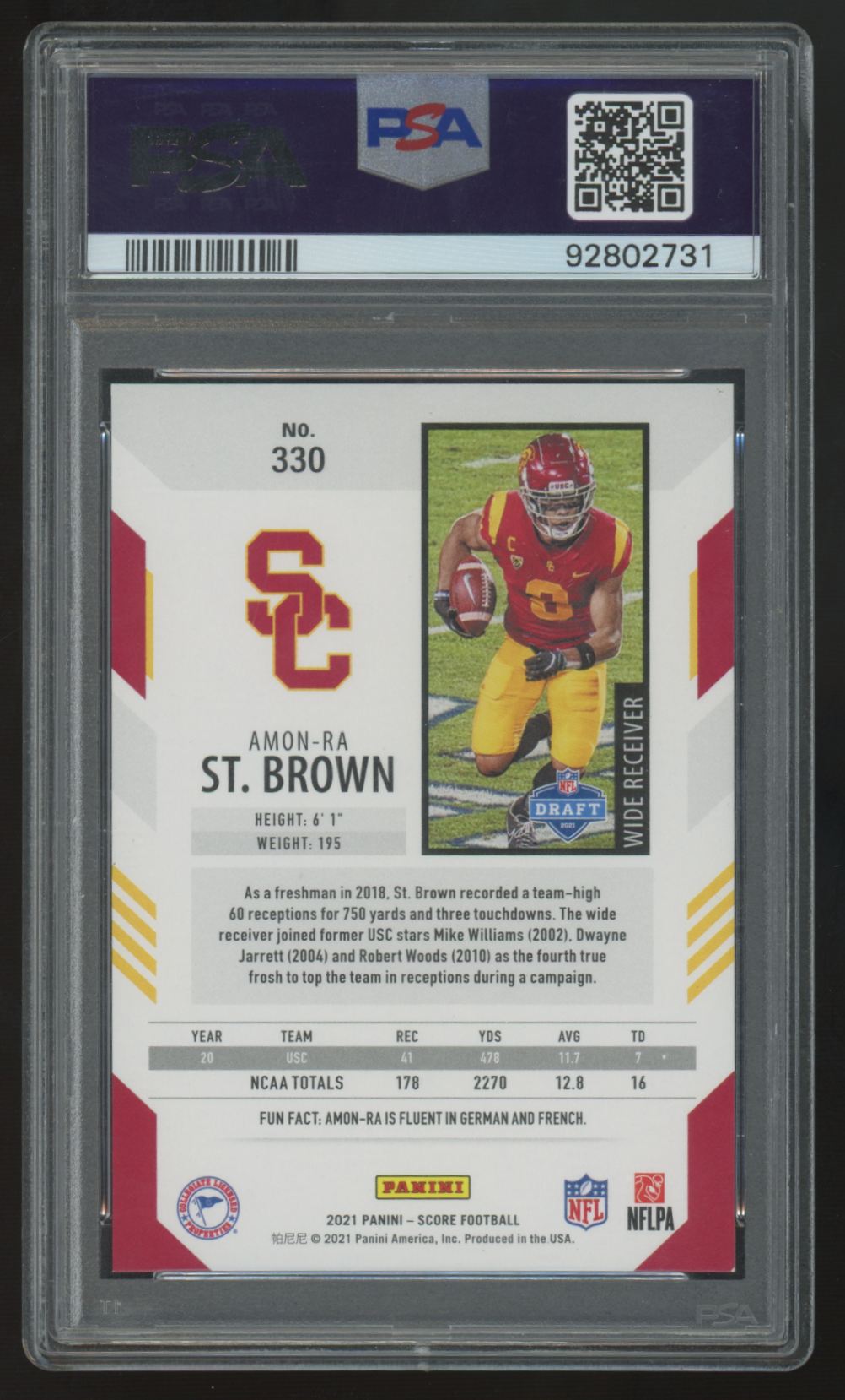 2021 Panini Score Amon-Ra St. Brown RC Blue Explosion /20 #330 PSA 9