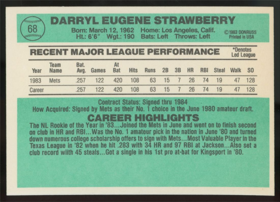 1984 Donruss Darryl Strawberry RC #68 NM