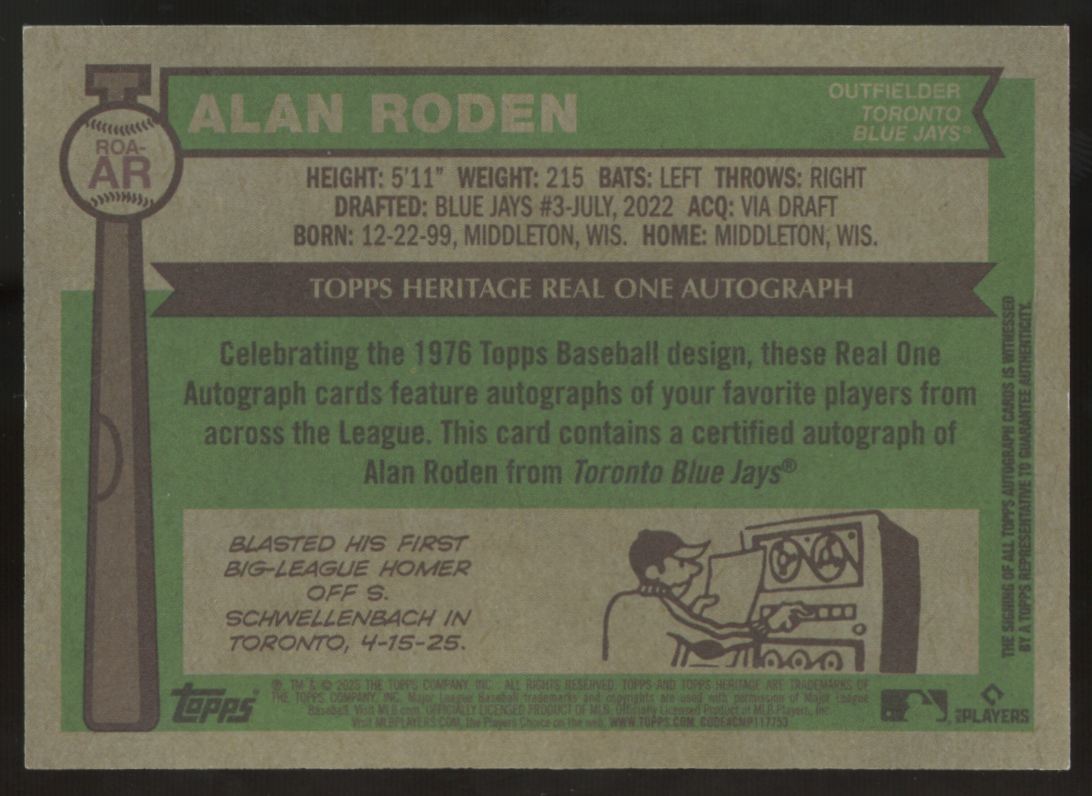 2025 Topps Heritage High Number Alan Roden RC Real One Red Ink Auto /76 #ROA-AR