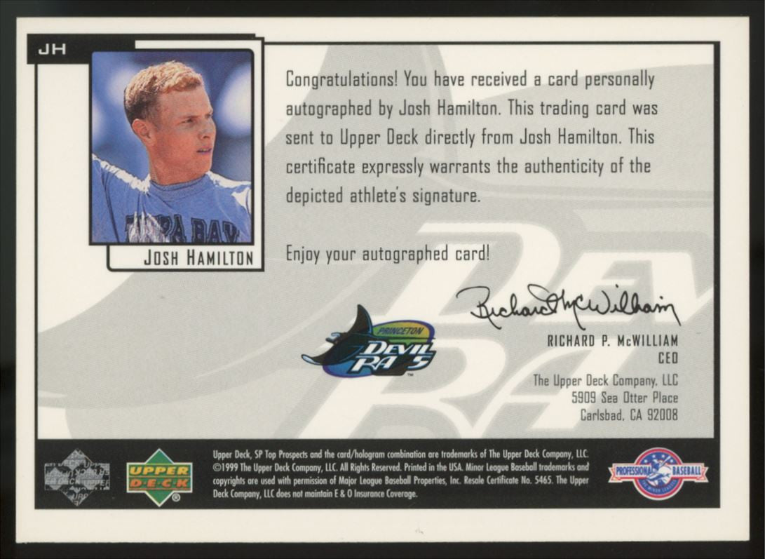 1999 SP Top Prospects Josh Hamilton Chirography Auto Gold #JH