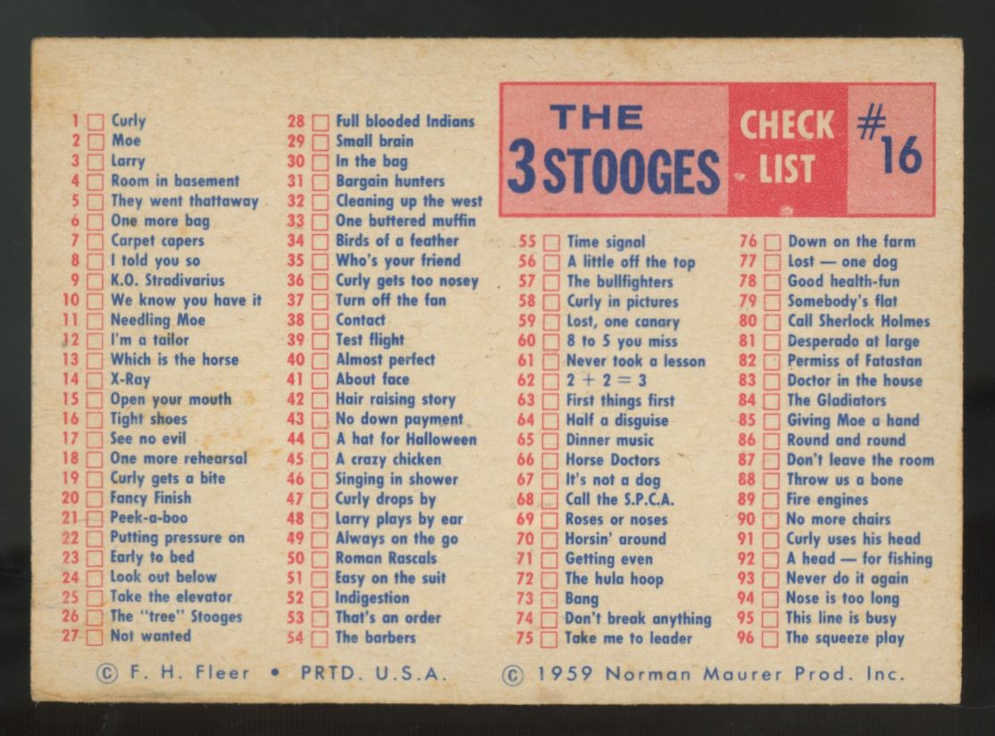 1959 Fleer The Three Stooges Checklist #16 Poor