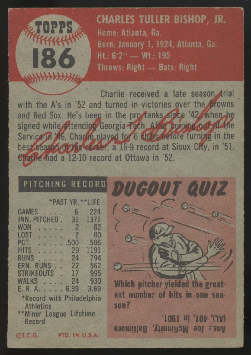 1953 Topps Charlie Bishop #186 EX "A"