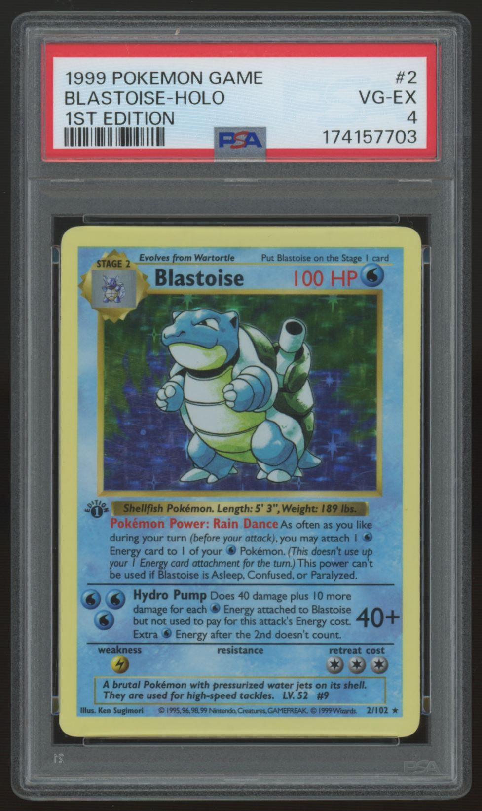 1999 Pokemon Blastoise 1st Edition Base Set Holo #2 PSA 4