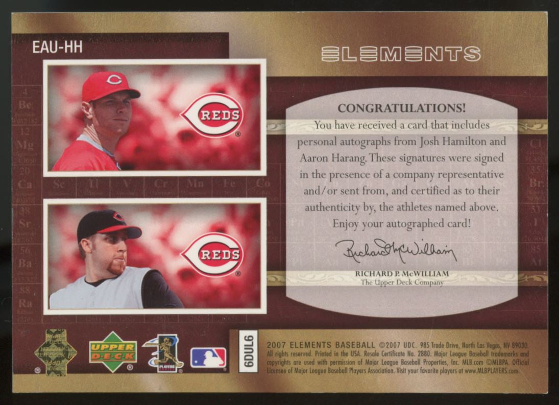 2007 Elements Josh Hamilton Aaron Harang Dual Auto /15 #EAU-HH