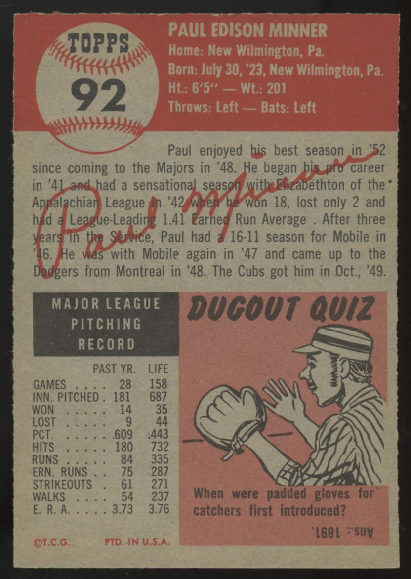 1953 Topps Paul Minner #92 VG/EX