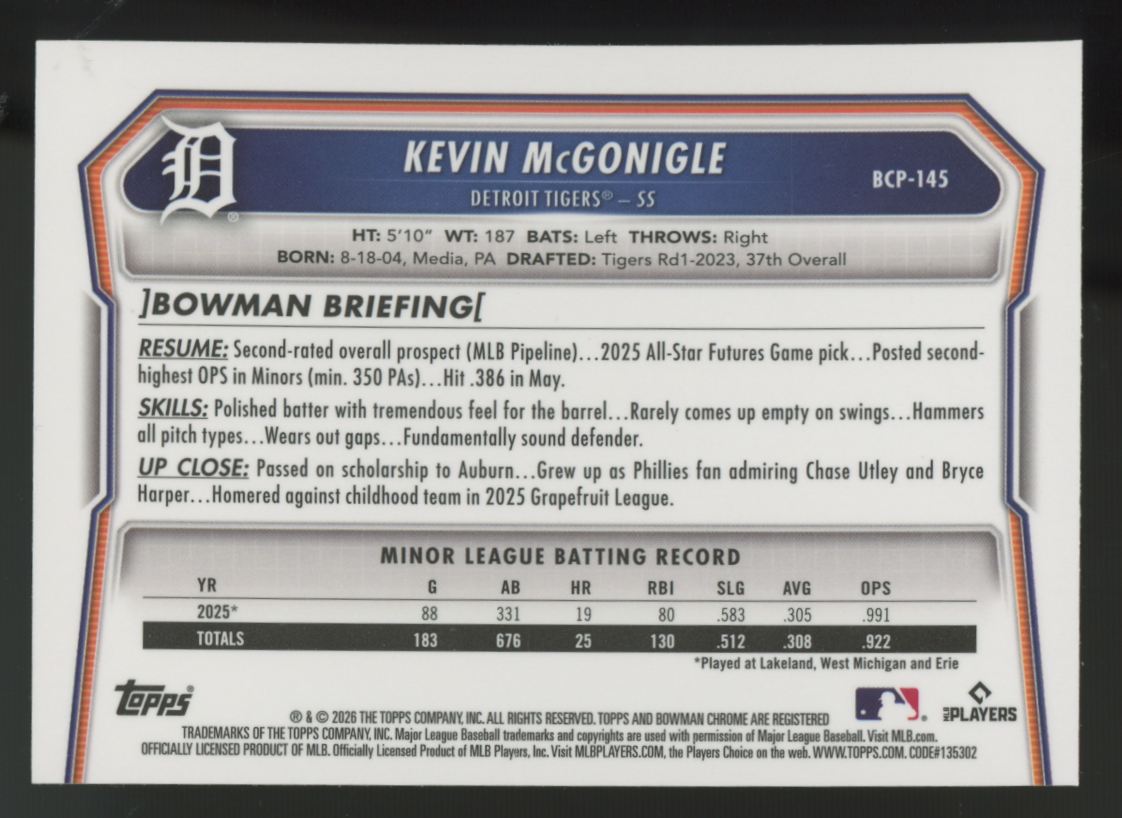 2026 Bowman Chrome Kevin McGonigle Prospect Yellow X-Fractor /75 #BCP-145