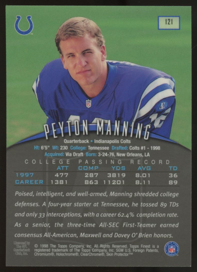 1998 Topps Finest Peyton Manning RC w/ Coating #121 "B"