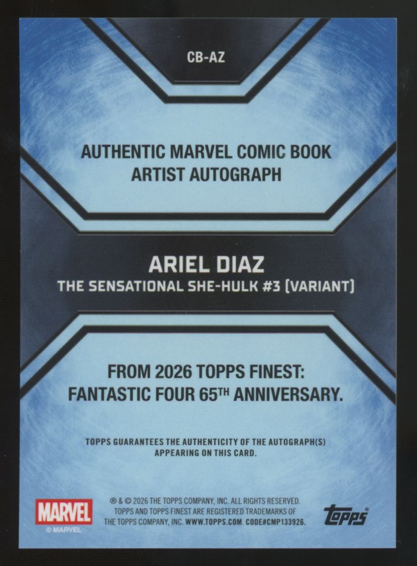 2026 Topps Finest Fantastic Four She-Hulk/Ariel Diaz Gold Comic Artist Auto /50