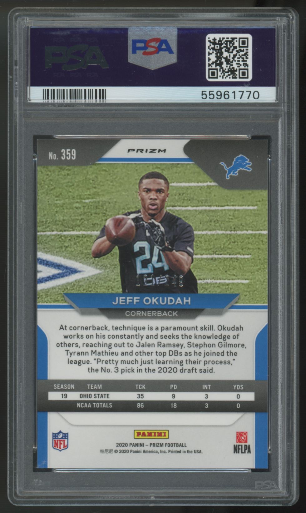 2020 Panini Prizm Jeff Okudah RC Orange /249 #359 PSA 10
