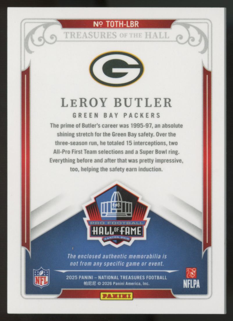 2025 Panini National Treasures LeRoy Butler Treasures Of The Hall Dual Patch /25