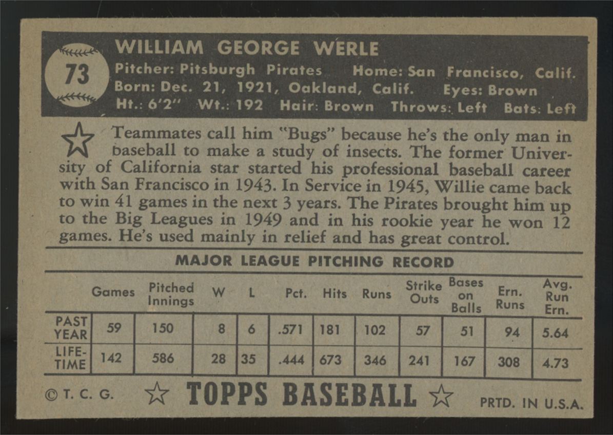 1952 Topps William Werle Black Back #73 VG/EX