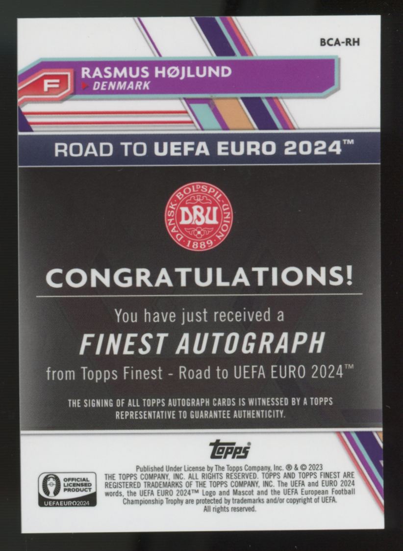 2023-24 Topps Finest Road To UEFA Rasmus Hojlund Debut Auto #BCA-RH