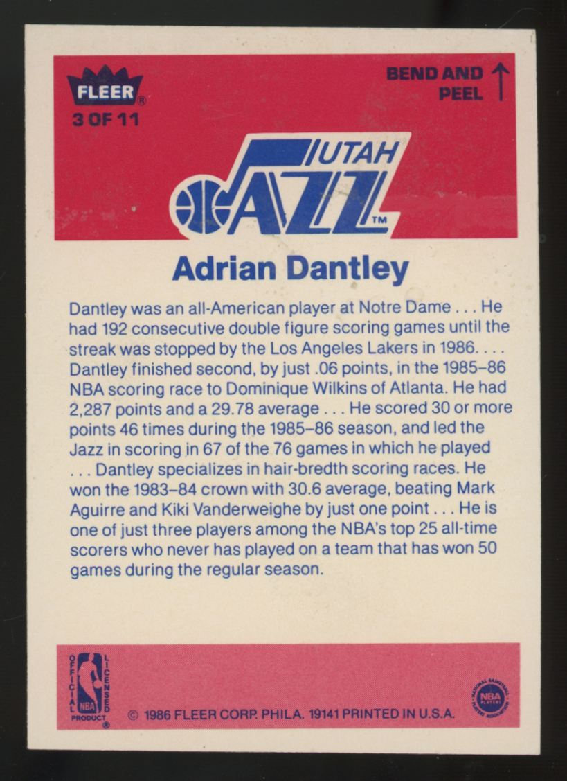 1986-87 Fleer Sticker Adrian Dantley #3 NM-MT