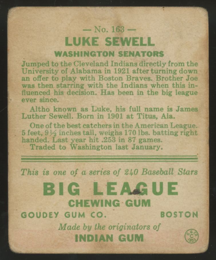 1933 Goudey Luke Sewell #163 G/VG