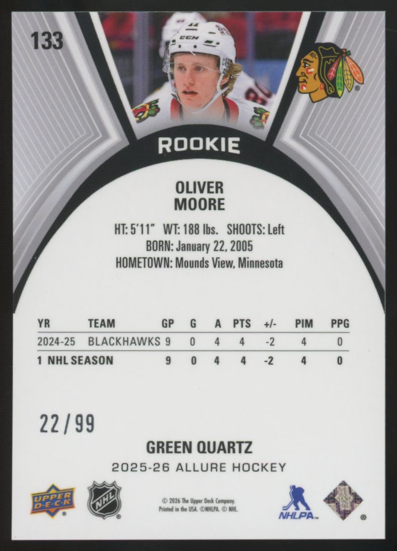 2025-26 Upper Deck Allure Oliver Moore RC Green Quartz /99 #133