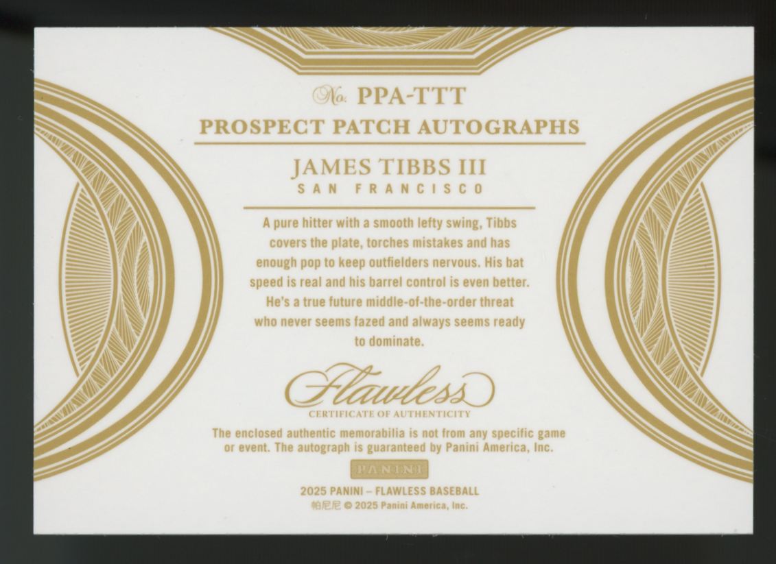 2025 Flawless Baseball James Tibbs III Prospect Patch Auto Silver /15 #PPA-TTT