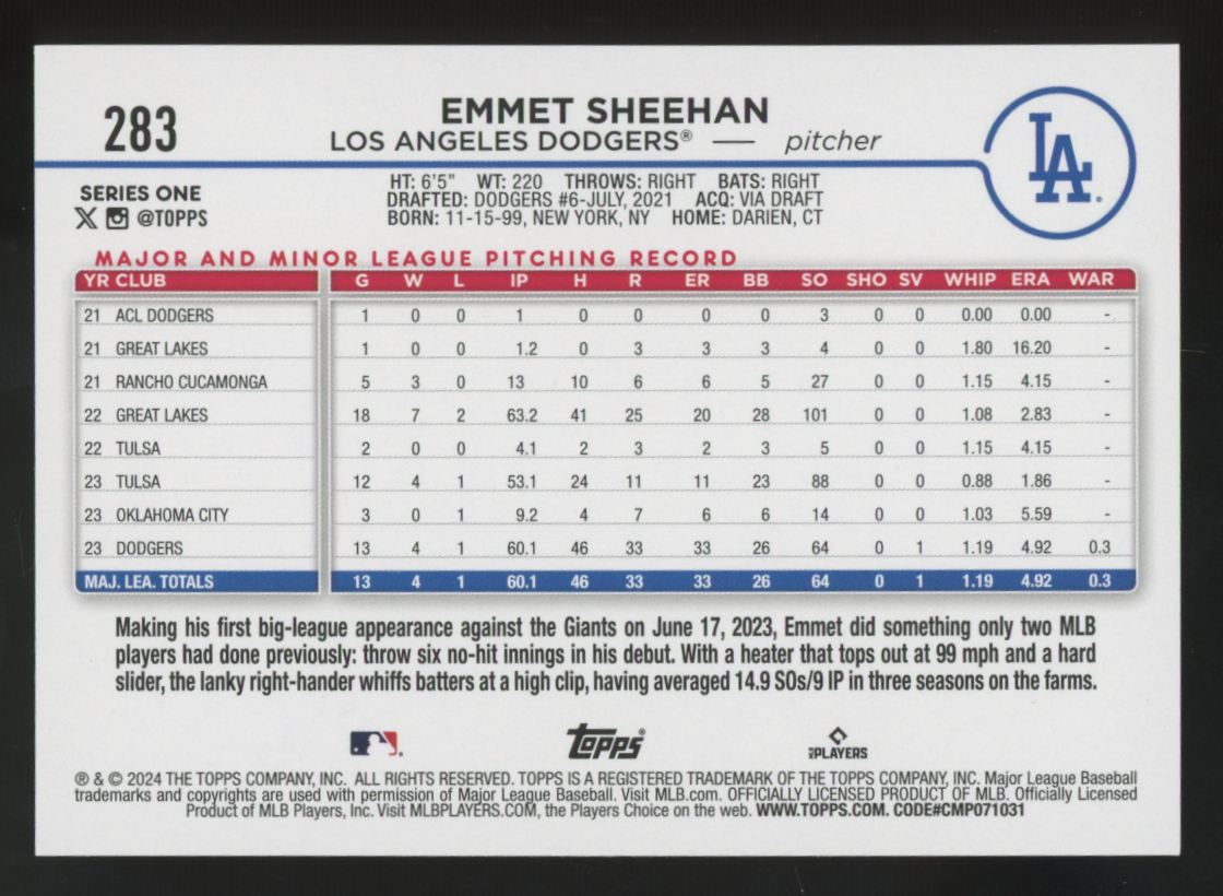 2024 Topps Series One Emmet Sheehan RC True Photo Variation SSP #283